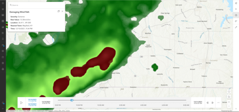 The Baron Damaging Wind Path data clearly shows the area of risk during the Mayfield, Kentucky tornado. Viewing in the Esri product makes it easy to layer data for analysis with other assets. (Graphic: Business Wire)