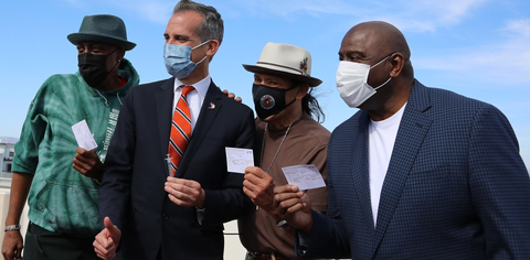 thumbnail Los Angeles Mayor Eric Garcetti with Earvin “Magic” Johnson, along with Arsenio Hall and Danny Trejo. Johnson has come on board as Global LA's celebrity ambassador. (Photo: Business Wire)