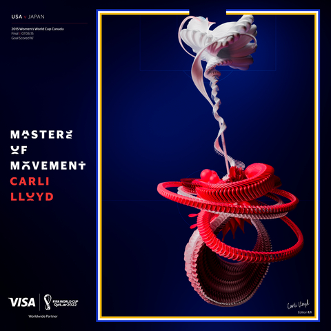 Visa Masters of Movement transformed Carli Lloyd's iconic FIFA Women’s World Cup™ goal into unique art, minted as an NFT by Crypto.com. Starting today (12:00pm GMT) through November 8 (9:00pm GMT), fans can bid on Carli Lloyd's NFT and four other legendary footballers' NFTs via the Visa Masters of Movement auction on Crypto.com. (Graphic: Business Wire)