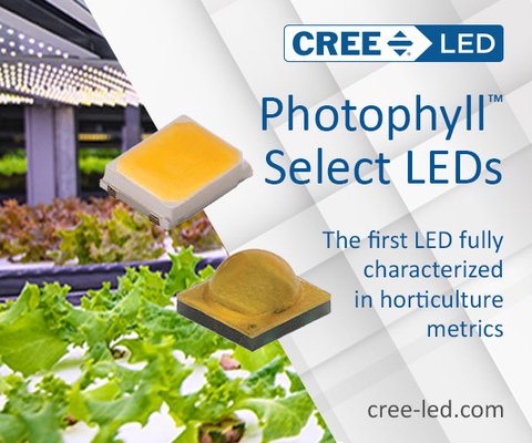 Photophyll Select LEDs by Cree LED are the industry’s first LEDs entirely characterized in horticulture metrics, allowing luminaire manufacturers to easily control the blue/green/red spectral ratios of their products for the unique needs of each plant type. (Graphic: Business Wire)