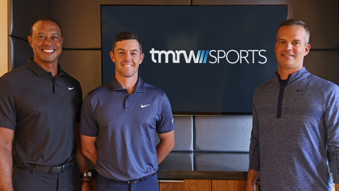 TMRW Sports founders Tiger Woods, Rory McIlroy, and Mike McCarley (CEO). (Photo: Business Wire)