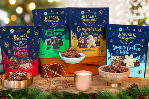 Niagara Chocolates Kicks off the Holiday Season with New Limited Batch Festive Flavors: Sugar Cookie and Toffee Clusters (NEW), Gingerbread Cookie Clusters (NEW), Peppermint Cookie Crunch Clusters, and Double Chocolate Mint Cups (Photo: Business Wire)