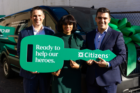 Brendan Coughlin, Head of Consumer Banking at Citizens and Nuno Dos Santos, Tri State Metro Retail Director at Citizens presented Marisa Estrella, Former U.S. Army Specialist and Founder of Worldwide Veterans and Family Services with a new 2023 Ford Transit Cargo Van as part of Citizens’ $300,000 grant program with Military Warriors Support Foundation for veteran-owned small businesses in the Bronx. (Photo: Business Wire)