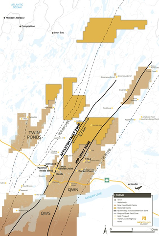 Figure 1. Queensway Project property map, including recently optioned claims. (Graphic: Business Wire)