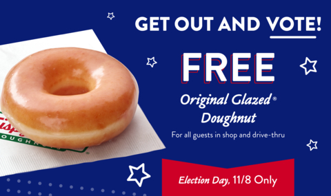 Krispy Kreme wants to encourage voting participation and thank voters on Election Day, Nov. 8, by offering all guests a FREE Original Glazed doughnut at participating U.S. shops. (Photo: Business Wire)