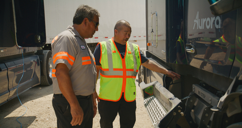 Ryder and Aurora technicians inspecting Aurora’s fleet of autonomous Class 8 tractors at Aurora’s South Dallas terminal. Photos: Aurora