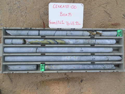Figure 3: Drill Core from CenEast 00. The core pictured in Figure 3 shows the clearly visible sulfide mineralization.
