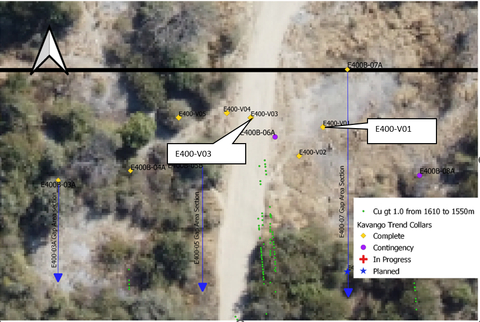 Figure 4: Location of Holes V01 and V03 in East 400 Program Area. Verification holes V01 and V03 are in the heart of the East 400 mineralized zone discussed in previous Trigon press releases and should be considered infill holes confirming mineralization between holes previously drilled. The results reported here are notable because of the length of the intercepts above the projected reserve grade.