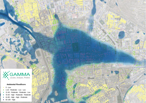 Gamma Location Intelligence muestra los datos de riesgo de inundaciones para edificios en Cartagena, Murcia, superpuesta sobre los datos raster de inundaciones en nuestra plataforma Perilfinder. (Graphic: Business Wire)