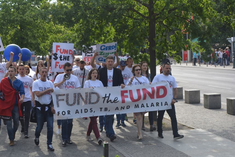 AHF advocates during a rally in Germany calling for the full funding of the Global Fund to Fight AIDS, Tuberculosis and Malaria ahead of the Fifth Replenishment Round in 2016. (Photo: Business Wire)