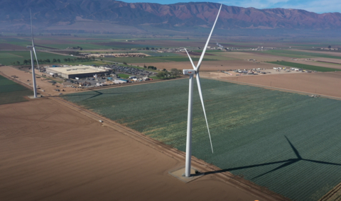 Dole Fresh Vegetables wind turbines at its salad processing plant in Soledad, CA. (Photo: Business Wire)