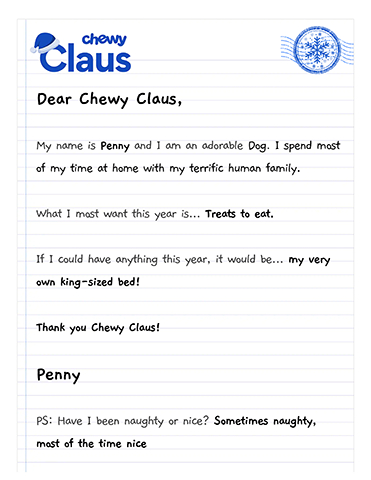 Good girl Penny's letter to Chewy Claus.