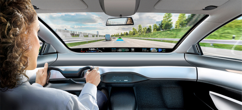 Continental's first Scenic View Head-up Display (HUD) brings information closer to the road and enhances the driving experience. This state-of-the-art solution hides displays inside the dashboard and reflects them onto the lower black band area of the windshield. (Photo: Business Wire)