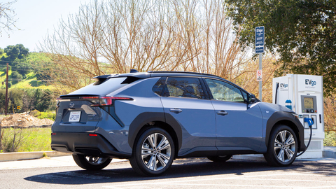 2023 Subaru Solterra EV SUV charging at an EVgo public fast charging station. (Photo: Business Wire)