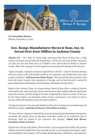 original Gov. Kemp: Manufacturer Steves & Sons, Inc. to Invest Over $100 Million in Jackson County, Ga.