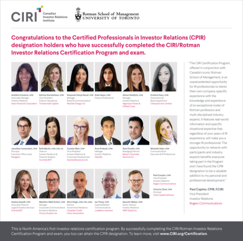 The Canadian Investor Relations Institute (CIRI) announces the latest Certified Professional in Investor Relations (CPIR) designation holders (Photo: Business Wire)