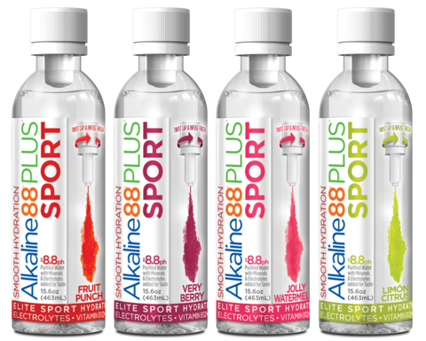 Alkaline88® Sport is all-natural with zero calories, zero preservatives, and zero sugar. It is available in four flavors–Jolly Watermelon, Fruit Punch, Very Berry, and Limón Citrus. The new sports drink is infused with Electrolytes, Guarana, Ginseng, and Vitamins B-12, B-6, B-5, and B-3. (Photo: Business Wire)