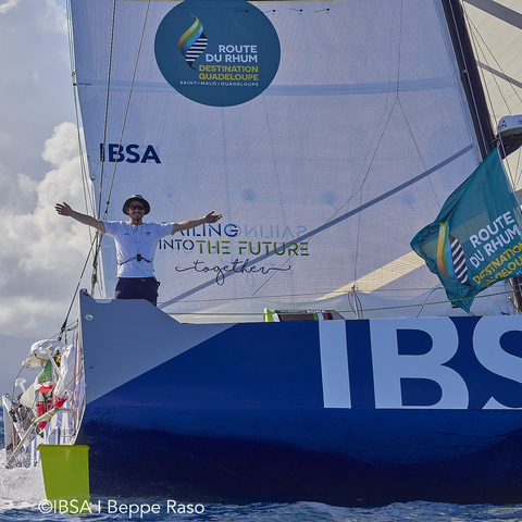 Alberto Bona on the Class40 IBSA crosses the finish line of the twelfth edition of the Route du Rhum (©IBSA | Beppe Raso)