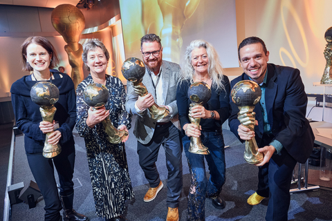 From left to right - Freya Burton (LanzaTech – Winner Category AIR from China), 
Sarah Alexander (nurture.farm, AgTech Startup – Winner Category EARTH from India),
Karl Boyce (ARC Power – Winner Category FIRE from Rwanda), 
Roberta Dixon-Valk (Take 3 for the Sea – Winner Category YOUTH from Australia), 
Rodrigo Oliveira (Eco Panplas – Winner Category WATER from Brazil) (Photo: Business Wire)