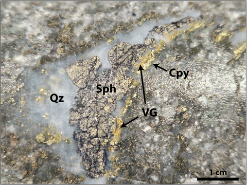 Plate 1 Visible gold in quartz-veinlet in drill hole JT22-152 at 285.6m (67 g/t Au over 1.0m); vein strikes northwest, roughly orthogonal to the orientation of the drill hole. Qz = quartz; Sph = sphalerite; Cpy = Chalcopyrite; VG = visible gold (Photo: Business Wire)
