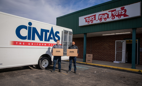 Today on Giving Tuesday, employees at Cintas Corporation’s Mason, Ohio-based headquarters packaged and delivered employee donations collected over the last month during the company’s annual holiday “Stuff the Truck” campaign. Hundreds of toys and almost 500 pounds of food items were delivered to beneficiary organizations Shared Harvest Foodbank in Fairfield, Ohio, and the Butler/Warren Counties Marine Corps Reserves Toys for Tots program in Middletown, Ohio. (Photo: Business Wire)