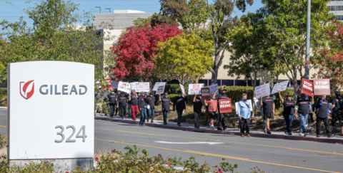 AHF held earlier protests targeting Gilead Sciences over its greed in its drug pricing and policies, particularly on its HIV and hepatitis C medications. This image is from an AHF protest at Gilead's headquarters in Foster City, Calif., in October 2022. (Photo: Business Wire)