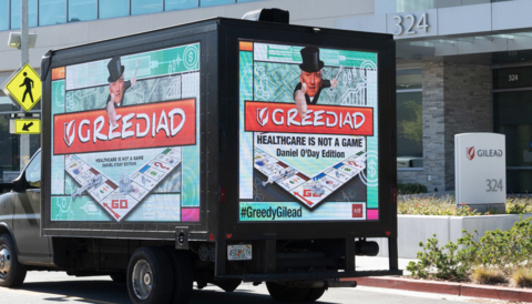 AHF held earlier protests targeting Gilead Sciences over its greed in its drug pricing and policies, particularly on its HIV and hepatitis C medications. This image of a mobile billboard criticizing Gilead is from an AHF protest at Gilead's headquarters in Foster City, Calif., held in October 2022. (Photo: Business Wire)