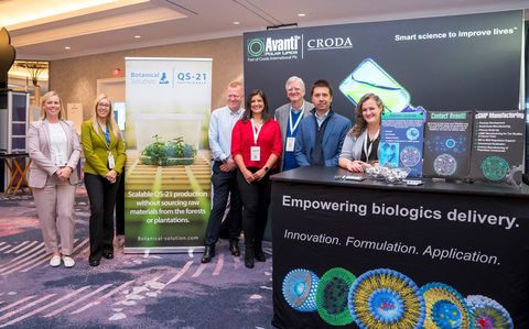 At the Croda Pharma display during this week's World Vaccine and Immunotherapy Congress in San Diego, California, Botanical Solution Inc. (BSI) and Croda announce their partnership for the kilogram quantity production of GMP quality QS-21. QS-21 is the highly-efficacious botanical-based adjuvant currently used in shingles, malaria, and Covid-19 vaccines, and promising new tuberculosis and RSV vaccine candidates. (Photo: Business Wire)