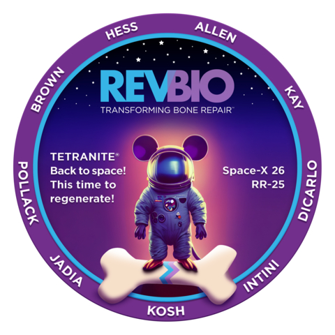 Mission Patch for the RevBio and Intini Lab teams. The team is sending 40 mice to the ISS, each with a bone defect in their calvarial bone. Defects are of two sizes, each will contain one of three treatments: untreated, filled with TETRANITE® bone compound, or INFUSE®—a bone graft product from another company that is currently on the market. Microgravity has been shown to cause bone loss at an accelerated rate—making ISS an ideal laboratory to study osteoporosis and test therapeutics.