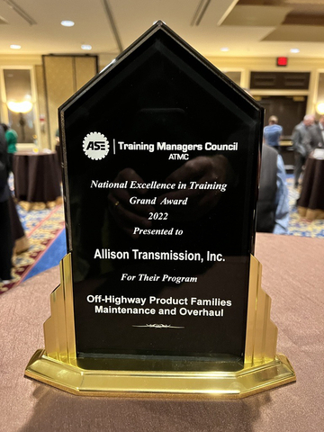 The Automotive Service Excellence Training Manager Council (ATMC) recently recognized Allison Transmission's Off-Highway Maintenance and Overhaul training program with the 2022 National Excellence in Training "Grand Award". (Photo: Business Wire)