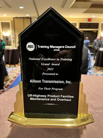 The Automotive Service Excellence Training Manager Council (ATMC) recently recognized Allison Transmission's Off-Highway Maintenance and Overhaul training program with the 2022 National Excellence in Training