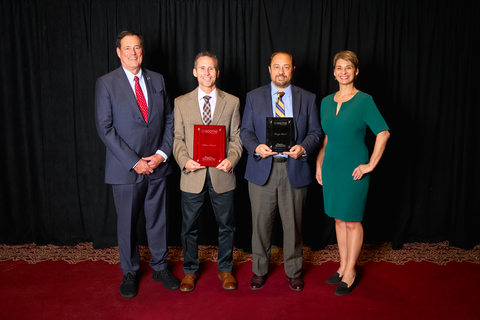 original MFG Chemical receives four (4) Performance Improvement Awards from the Society of Chemical Manufacturers & Affiliates (SOCMA) for the safety, capacity expansions and efficiency improvements made at MFG's custom chemical manufacturing plants. Standing from left to right are SOCMA Executive Committee Chair Mike Ott, MFG Chemical VP EHS&S Joe Welch , MFG Chemical VP R&D Guido DeStefano, and SOCMA President & CEO Jennifer Abril. (Photo: Business Wire)