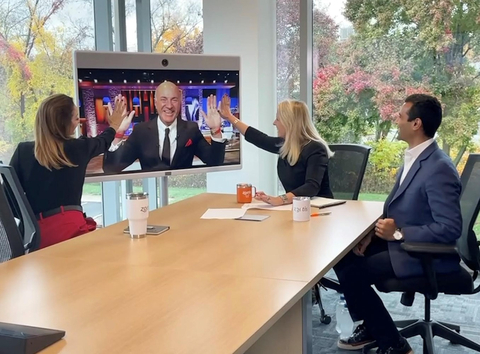 Basepaws Founder and CEO Anna Skaya (left) and Zoetis CEO Kristin Peck (right) give Top Shark Kevin O’Leary a virtual high-five while filming the third appearance of Basepaws on ABC’s Shark Tank. The episode aired on Dec. 2, 2022 and highlighted the company's milestone year and its acquisition by Zoetis – the world’s leading animal health company. (Photo: Business Wire)