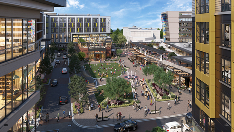 A rendering showing the new, landmark vision for Westfield Old Orchard in Skokie, Illinois. The planned mixed-use development will feature best-in-class retail, modern residences, chef-led dining, entertainment, gourmet markets, and upscale health and wellness amenities, all alongside a park and event space designed as the center's focal point and social gathering place.  (Photo: Business Wire)