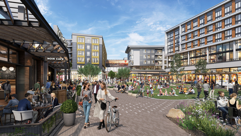 A rendering showing the new, landmark vision for Westfield Old Orchard in Skokie, Illinois. The planned mixed-use development will feature best-in-class retail, modern residences, chef-led dining, entertainment, gourmet markets, and upscale health and wellness amenities, all alongside a park and event space designed as the center's focal point and social gathering place. (Photo: Business Wire)