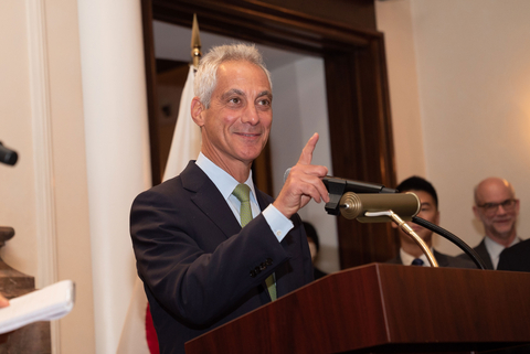 Ambassador Rahm Emanuel shares opening remarks at a reception with technology leaders from AEye, Owl AI, and GPR. (Photo Credit: The U.S. Embassy)