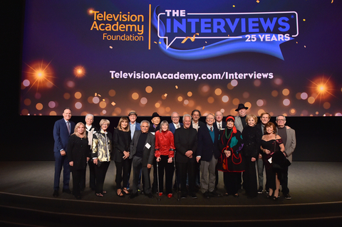 Jonathan Murray, from left, Judy Crown, Julie Ann Johnson, Margaret Loesch, Lori Openden, Alan Perris, Asaad Kelada, James Hong, Geri Jewell, John Shaffner, Dr. Walter Dishell, Don Enright, Bob Mackie, Lloyd J. Schwartz, JoAnne Worley, J. Michael Straczynski, Michael Learned, Ron Cowen, Sandra Lee Gimpel and Daniel Lipman at The Interviews 25th Anniversary celebration at the Academy's Saban Media Center on Tuesday, Dec. 6, 2022, in North Hollywood, California (Photo by Jordan Strauss/Invision for the Television Academy/AP images).