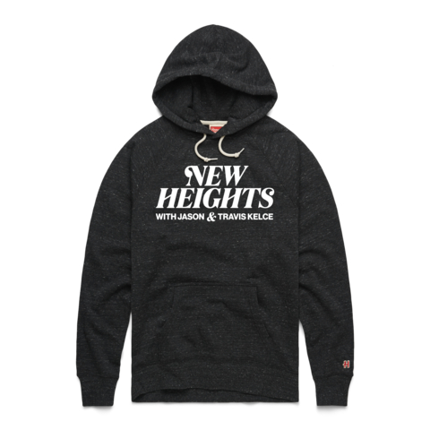 “New Heights with Jason & Travis Kelce” Logo Hoodie: White show logo printed on the front of a dark charcoal-colored, relaxed fit, fleece hoodie with kangaroo pocket. Unisex. Tri-blend. Offered at $72 USD. (Photo: Business Wire)