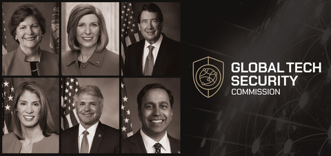 Six bipartisan Honorary Co-Chairs join the Global Tech Security Commission: Senators Jeanne Shaheen (D-N.H.), Joni Ernst (R-IA) and Bill Hagerty (R-TN), and Representatives Michael McCaul (R-TX-10), Raja Krishnamoorthi (D-IL-8) and Lori Trahan (D-MA-03) (Graphic: Business Wire)