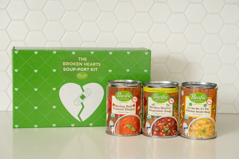 The Pacific Foods Broken Hearts Soup-port Kit has something to mend every heartbreak, featuring three Pacific Foods ready to serve soups with an added name spin. (Photo: Sunny Park)