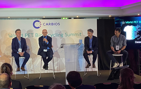 thumbnail From left to right: Alain Marty (Carbios), Gilles Baudin (L'Oréal), Emmanuel Ladent (Carbios), Olivier Mouzin (Salomon) during a Q&A session at First World PET Biorecycling Summit