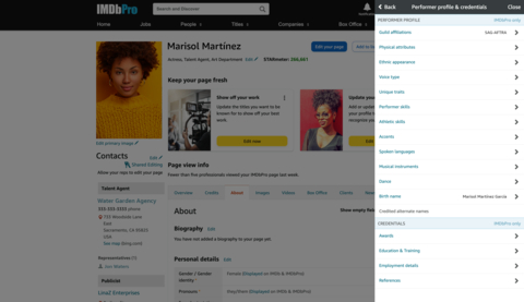 IMDb announces significant product and policy updates. Via the standard (shown here) or free IMDbPro membership plans, entertainment industry professionals can now choose whether to self-submit/verify their age/birth year, birth name, alternate names, and other demographic information and decide whether or not this information is displayed on IMDb and/or IMDbPro. Note: sample member profile created for illustration purposes only. (Graphic: IMDb)