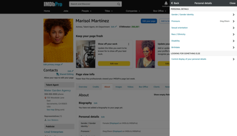 IMDb announces significant product and policy updates. Via the standard (shown here) or free IMDbPro membership plans, entertainment industry professionals can now choose whether to self-submit/verify their age/birth year, birth name, alternate names, and other demographic information and decide whether or not this information is displayed on IMDb and/or IMDbPro. Note: sample member profile created for illustration purposes only. (Graphic: IMDb)
