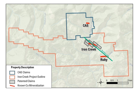 Figure 1. CAS property showing its location relative to the Iron Creek and Ruby target areas. Location of historic drilled vein hosting Co-Au mineralization shown along with a section line used in Figure 2.  (Graphic: Business Wire)
