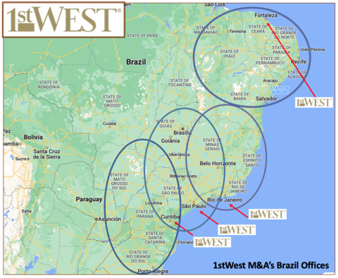 This map shows 1stWest M&A's coverage areas in Brazil, recently expanded with the addition of new Brazilian Managing Directors. (Photo: Business Wire)