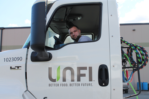 Dillon Farmer, a graduate of UNFI’s Warehouse to Wheels Program started with the company as a loader at UNFI’s Hudson Valley, N.Y. distribution center in 2018. The In-house paid training program helps UNFI associates fulfill career advancement by obtaining their Class A CDL license and a future UNFI truck driving assignment. (Photo: Business Wire)
