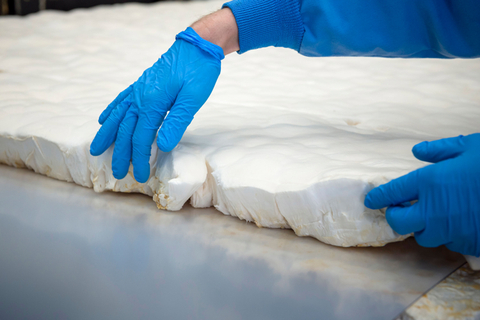 The company has developed a patented process for growing pure mycelium material. Pictured is a fresh harvest ready to be processed into a leather hide alternative, soft elastomeric foam, and the same technology can be used to produce whole cuts of meat alternatives for MyForest Foods. Each product uses a different mycelium strain to leverage the natural attributes useful to the industry they will be serving.