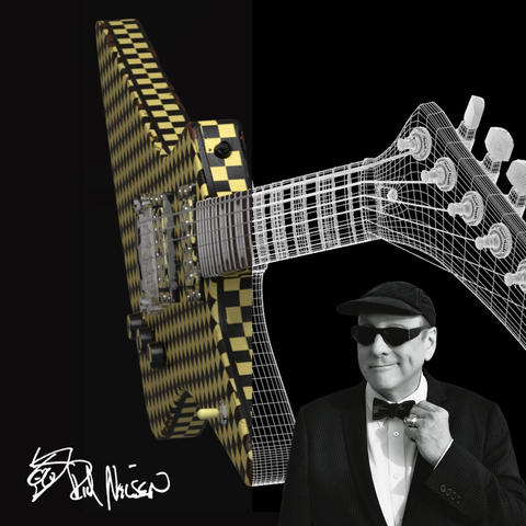 Rick Nielsen of Cheap Trick and a 3D NFT image of his  famed Hamer Explorer used on 'Dream Police' (Photo: Business Wire)