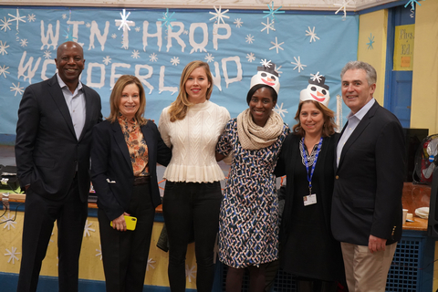 original (L to R): Ron Taylor, EVP & Head of DEI, Natixis IM-US; Tracey Flaherty, Global Head of CSR & US Public Affairs, Natixis IM; Laima Bobelis, Community Relations Program Manager, Natixis IM; Winthrop Principal Leah Blake McKetty; Boston Public Schools Superintendent Mary Skipper; and Greater Boston Chamber of Commerce President & CEO Jim Rooney helped celebrate the 10-year partnership between Natixis Investment Managers and the Winthrop Elementary School in Dorchester, Massachusetts. (Photo: Business Wire)