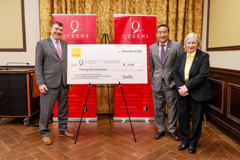 Ira Schuman, vice chairman and New York co-manager of Savills (left) presented $25,000 to Professor Dame Madeleine Atkins, president of Cambridge University’s Lucy Cavendish College (far right), and to Frank Wu, president of Queens College, City University of New York (center) as initial funding in support of a new initiative that plans to provide Queens College graduates from low-income communities with an opportunity to pursue a Masters degree at Cambridge. The ceremony was held at Queens College, Flushing, NY. (Photo: Business Wire)